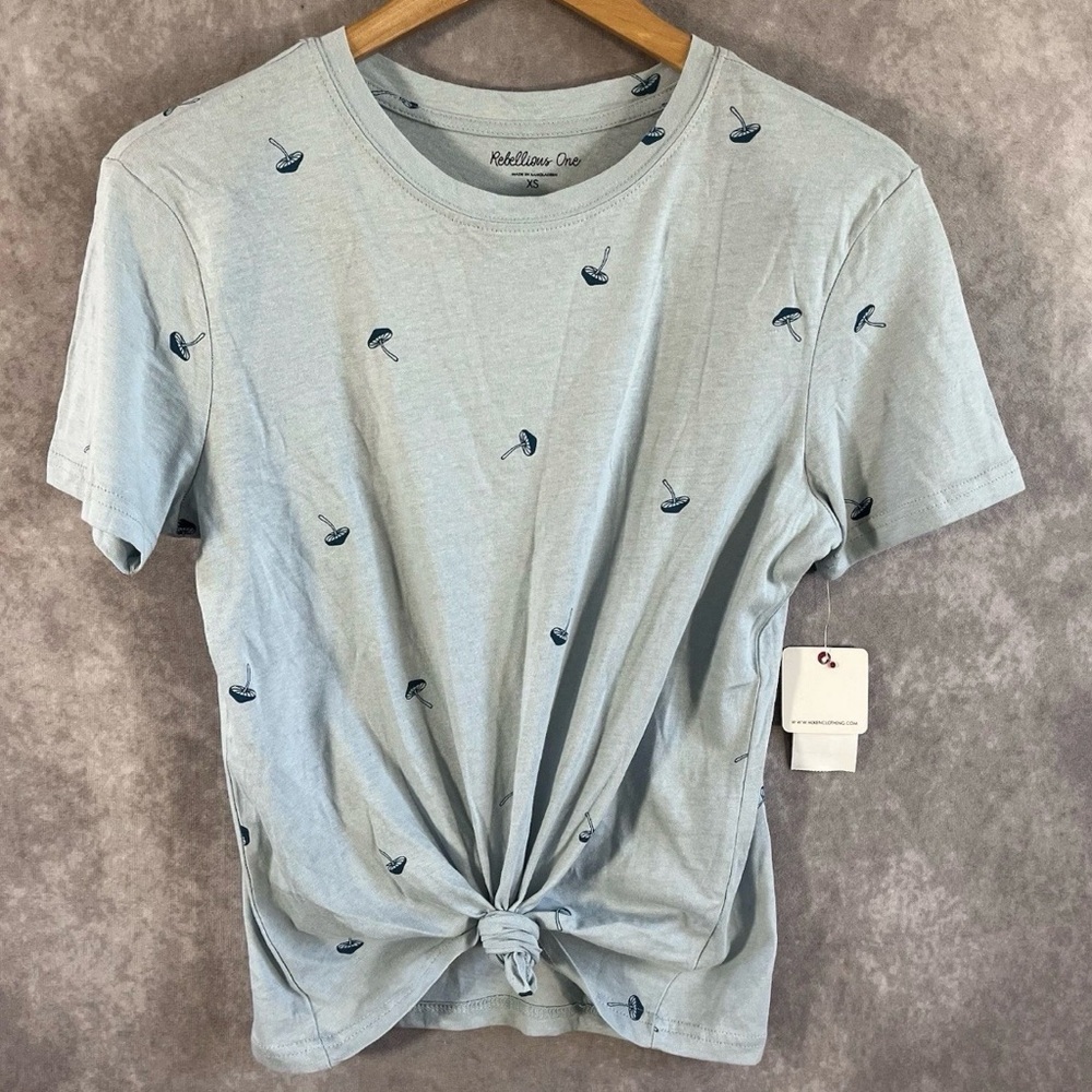 New‎ Rebellious One Shirt Womens XS Light blue Mushroom Top Short Sleeve Tee NWT